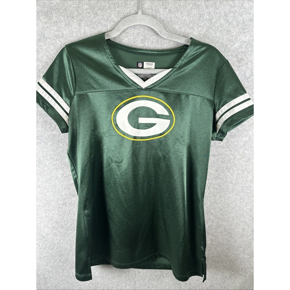 NFL TEAM Women’s Green Bay Packers V-Neck Short Sleeved Shirt Size L Shimmer